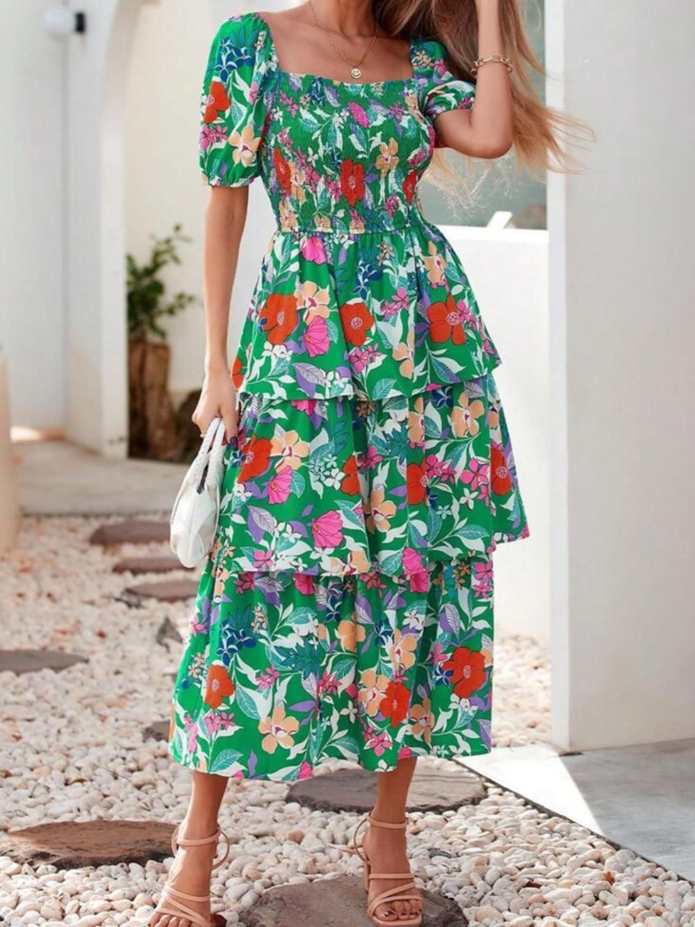 Green and Red  Floral Tiered Midi Dress